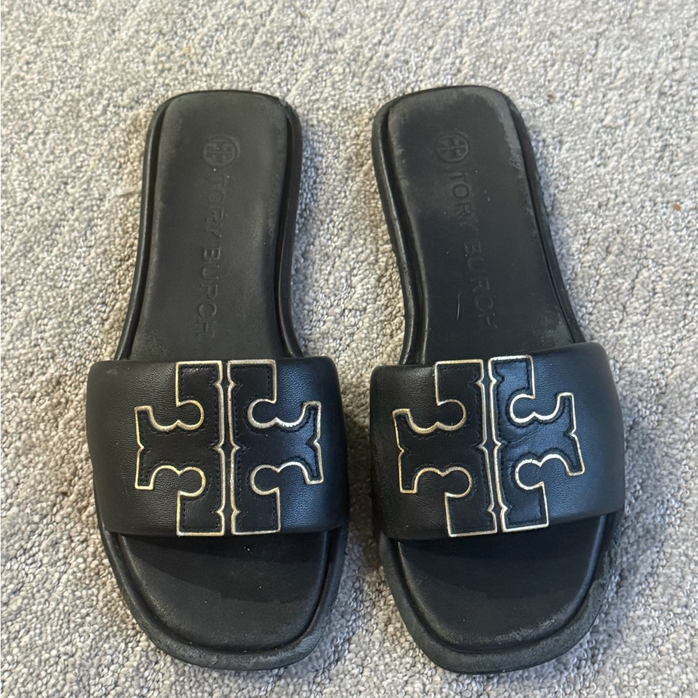 Tory Burch Black Leather Logo Slide Sandals with Gold Trim 7.5